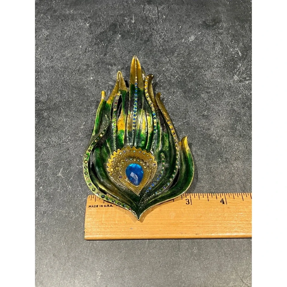 Decorative Peacock Feather Enamel Trinket Dish Green Gold Blue Rhinestone